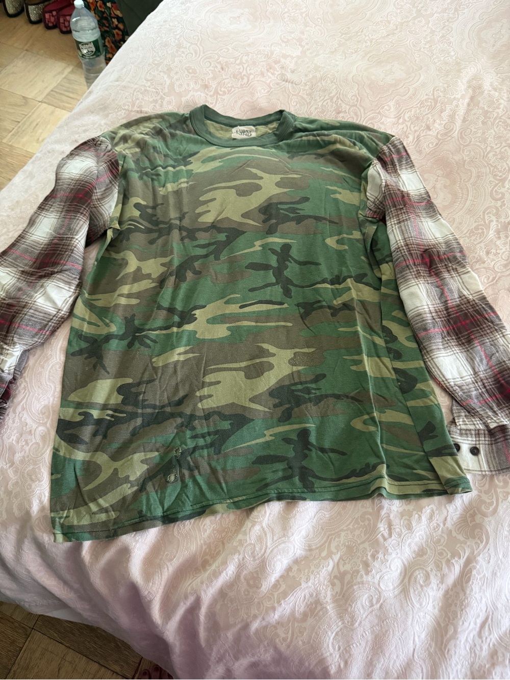 Women’s Green Camo Long Sleeve Tee with Plaid Sleeves